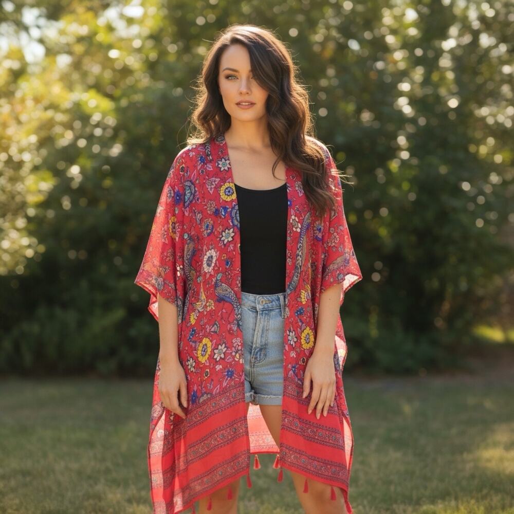 Ultra Pink Red Floral Bird Motif Boho Flowy Kimono Duster 3X